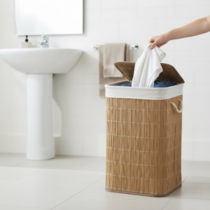 Compactor Bamboo Laundry Basket with Lid, Foldable Washing Hamper for Storing Clothes and Linen in Bedrooms and Bathrooms, Removable Liner and Rope Handles, Natural Brown
